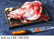 Raw meat mutton. Raw meat lamb shoulder blade on the kitchen board. Стоковое фото, агентство Ingram Publishing / Фотобанк Лори