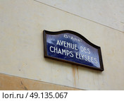 Champs Elysees avenue street sign in Paris of France. Стоковое фото, агентство Ingram Publishing / Фотобанк Лори