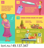  Pregnancy Stages Infographic Retro Style Poster. Information on pregnancy stages with test strip kit food advise and ultrasound scan infographic poster vector illustration . Стоковая иллюстрация, агентство Ingram Publishing / Фотобанк Лори