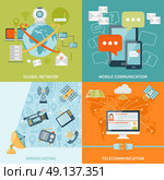 Telecommunication 2x2 Design Concept. Telecommunication 2x2 design concept set of mobile radio and satellite communication and global network flat icons compositions vector illustration . Стоковая иллюстрация, агентство Ingram Publishing / Фотобанк Лори