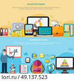 Business Education And Accounting Finance Banners. Two horizontal banners with business education and accounting finance design concepts composed from office elements flat vector illustration. Стоковая иллюстрация, агентство Ingram Publishing / Фотобанк Лори
