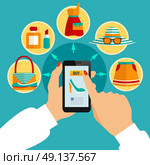 Online Clothing Shop Mobile App Composition. Shopping composition with mobile application screen smartphone in hands clothes icons selector fingers tap swipe wireless flat vector illustration. Стоковая иллюстрация, агентство Ingram Publishing / Фотобанк Лори