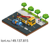Car Accident Isometric Composition. Road accident isometric composition with damaged car evacuator drivers and policeman vector illustration. Стоковая иллюстрация, агентство Ingram Publishing / Фотобанк Лори