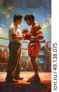 Two male boxers stand next to each other in a boxing ring, ready to spar or compete in a match. Стоковое AI-изображение, AI-художник Данила Большаков / Фотобанк Лори