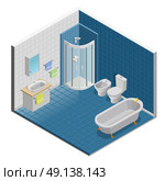  Bathroom Interior Design . Bathroom interior isometric design with shower mirror and towels vector illustration . Стоковая иллюстрация, агентство Ingram Publishing / Фотобанк Лори