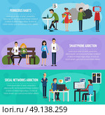 Obsessions Horizontal Banners. Obsessions horizontal banners with harmful bad habits and addictions of modern society in flat style vector illustration. Стоковая иллюстрация, агентство Ingram Publishing / Фотобанк Лори