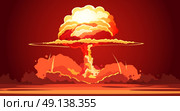 Nuclear Explosion Mushroom Cloud Retro Poster. Nuclear explosion rising orange fireball of atomic mushroom cloud in desert weapon test retro cartoon poster vector illustration  . Стоковая иллюстрация, агентство Ingram Publishing / Фотобанк Лори