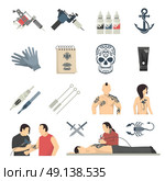  attoo Studio Flat Icons Collection . Tattoo studio designs equipment and procedures with artist using electric machine flat icons collection isolated vector illustration . Стоковая иллюстрация, агентство Ingram Publishing / Фотобанк Лори