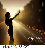 Girl Silhouette In City Lights . Girl silhouette in city lights design concept at night urban background and description follow your dream vector llustration. Стоковая иллюстрация, агентство Ingram Publishing / Фотобанк Лори
