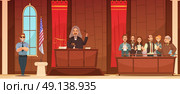 Court Of Law Retro Cartoon Poster. American court of law judicial legal proceedings in courthouse with judge   and jury box retro poster vector illustration. Стоковая иллюстрация, агентство Ingram Publishing / Фотобанк Лори