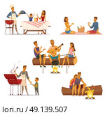 Barbecue Picnic Retro Cartoon Icons Set . Barbecue picnic outdoor weekend with family and friends 5 retro cartoon compositions icons isolated vector illustration . Стоковая иллюстрация, агентство Ingram Publishing / Фотобанк Лори