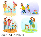 Season Family Set. Happy family spending good time in different seasons isolated on white background cartoon vector illustration. Стоковая иллюстрация, агентство Ingram Publishing / Фотобанк Лори