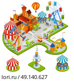 Amusement Park Isometric Composition. Amusement kids park isometric composition with medieval castle ferris wheel carousel circus tent in cartoon style vector illustration. Стоковая иллюстрация, агентство Ingram Publishing / Фотобанк Лори