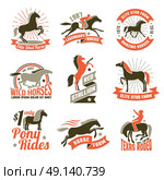 Horse breeding labels emblems set. Elite stud farms for horses breeding and jockey clubs historical racing three colored emblems collection isolated vector illustration. Стоковая иллюстрация, агентство Ingram Publishing / Фотобанк Лори