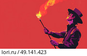 A man wearing a top hat standing while holding a fire stick. Стоковое AI-изображение, AI-художник Данила Большаков / Фотобанк Лори