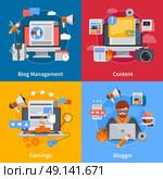 Blogging Flat 2x2 Icons Set. Blogging flat 2x2 icons set with blogger blog management content and earrings on colorful backgrounds isolated vector illustration. Стоковая иллюстрация, агентство Ingram Publishing / Фотобанк Лори