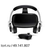 VR Headset Headphones Gamepad Realistic Image . Virtual reality games simulator black headset with headphones and gamepad smartphone controlled box realistic closeup view vector illustration . Стоковая иллюстрация, агентство Ingram Publishing / Фотобанк Лори