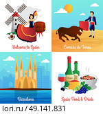 Spain Travel Concept 4 Flat Icons Square . Spain travel with flamenco barcelona cathedral corrida and food 4 flat icons square poster abstract vector isolated illustration . Стоковая иллюстрация, агентство Ingram Publishing / Фотобанк Лори
