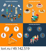 Australia Travel  4 Isometric Icons Square . Australian culture for travelers 4 isometric icons square poster with  guided city tours and cuisine isolated vector illustration . Стоковая иллюстрация, агентство Ingram Publishing / Фотобанк Лори