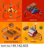 Lumberjack 2x2 Isometric Design Concept. Lumberjack 2x2 isometric design concept set of wood processing and sawmill compositions woodcutter tools and vehicles for lumber transportation icons flat vector illustration  . Стоковая иллюстрация, агентство Ingram Publishing / Фотобанк Лори