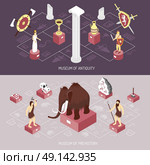 Antiquity Museum 2 Isometric Banners Set. Antiquity cultural history museum 2 isometric flowchart elements banners with mammoth and archaeological finds isolated vector illustration . Стоковая иллюстрация, агентство Ingram Publishing / Фотобанк Лори