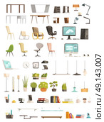 Modern Office Accessories Cartoon Set . Modern office furniture organizers and accessories top design trends cartoon stile icons objects collection isolated vector illustration . Стоковая иллюстрация, агентство Ingram Publishing / Фотобанк Лори