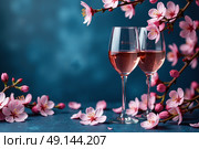 Две бокала розового вина среди цветущих ветвей сакуры. Стоковое AI-изображение, AI-художник Наталия Ануфриева / Фотобанк Лори