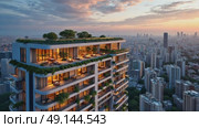A high-rise apartment building with a rooftop terrace, offering panoramic views of the city skyline and modern living among downtown. Стоковое AI-видео, аниматор Sergey Grishin / Фотобанк Лори