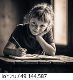 Девочка с веснушками сидит за столом и рисует. Ретростиль. A girl with freckles is sitting at a table and drawing. Retro style. Стоковое AI-изображение, AI-художник Смирнова Светлана / Фотобанк Лори