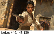 A determined female warrior trains in knife combat in a historic courtyard under the bright midday sun, showcasing her skill and focus. Стоковое AI-изображение, AI-художник Данила Большаков / Фотобанк Лори