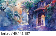 A painting depicting a street scene with a prominent building and lush green trees on either side. Стоковое AI-изображение, AI-художник Данила Большаков / Фотобанк Лори