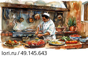 A painting depicting a chef skillfully preparing food in a busy kitchen environment. Стоковое AI-изображение, AI-художник Данила Большаков / Фотобанк Лори