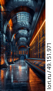 Explore a futuristic hallway, featuring vibrant neon lighting and highly reflective surfaces that enthrall. Стоковое AI-изображение, AI-художник Anastasy Yarmolovich / Фотобанк Лори