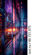 Explore a futuristic hallway, featuring vibrant neon lighting and highly reflective surfaces that enthrall. Стоковое AI-изображение, AI-художник Anastasy Yarmolovich / Фотобанк Лори