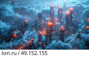 high-tech city where buildings are made of digital clouds, data streams connecting everything, Стоковое AI-изображение, AI-художник Anastasy Yarmolovich / Фотобанк Лори