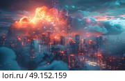 high-tech city where buildings are made of digital clouds, data streams connecting everything, Стоковое AI-изображение, AI-художник Anastasy Yarmolovich / Фотобанк Лори