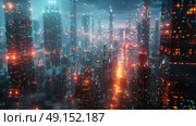 high-tech city where buildings are made of digital clouds, data streams connecting everything, Стоковое AI-изображение, AI-художник Anastasy Yarmolovich / Фотобанк Лори