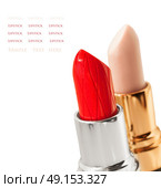 Red  and nude lipstickes  over white background. Стоковое фото, агентство Ingram Publishing / Фотобанк Лори