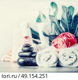 Spa setting with hot black basalt massage stones ,flowers , towels and palm leaves, front view, wellness concept. Стоковое фото, агентство Ingram Publishing / Фотобанк Лори