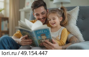 Smiling Father and Daughter Share a Joyful Reading Time at Home on a Cozy Afternoon. Стоковое AI-видео, аниматор Оксана Медведева / Фотобанк Лори