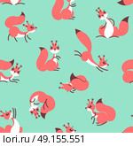 Little cute squirrels. Seamless pattern for gift wrapping, wallpaper, childrens room or clothing.. Little cute squirrels. Seamless pattern for gift wrapping, wallpaper, childrens room or clothing. Green background. Vector illustration. Стоковая иллюстрация, агентство Ingram Publishing / Фотобанк Лори