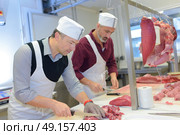 Butchers dicing meat. Стоковое фото, агентство Ingram Publishing / Фотобанк Лори