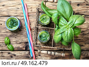 Smoothies with basil. Freshly blended green basil smoothie in glass jar. Стоковое фото, агентство Ingram Publishing / Фотобанк Лори