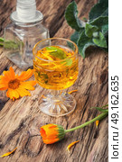 Herbal tincture with calendula. Medicinal herbal tincture for alcohol with calendula. Стоковое фото, агентство Ingram Publishing / Фотобанк Лори
