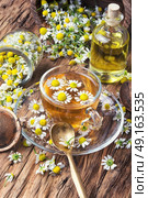 glass of herb tea with chamomile. mug of herbal tea with chamomile flowers on rustic wooden table. Стоковое фото, агентство Ingram Publishing / Фотобанк Лори