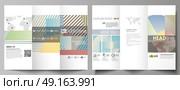 Minimalistic design with lines, geometric shapes forming beautiful background. Tri-fold brochure business templates on both sides. Easy editable abstract vector layout in flat style.. Tri-fold brochure business templates on both sides. Easy editable abstract vector layout in flat design. Minimalistic design with lines, geometric shapes forming beautiful background. Стоковая иллюстрация, агентство Ingram Publishing / Фотобанк Лори