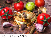 domestic pickle tomato. Summer harvest tomato and pepper peas with garlic for pickling. Стоковое фото, агентство Ingram Publishing / Фотобанк Лори