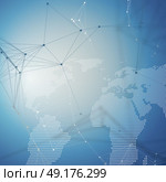 Abstract futuristic background with connecting lines and dots, polygonal linear texture. World map on blue. Global network connections, geometric design, technology digital concept.. Abstract futuristic background with connecting lines and dots, polygonal linear texture. World map on blue. Global network connections, geometric design, technology digital concept. Стоковая иллюстрация, агентство Ingram Publishing / Фотобанк Лори