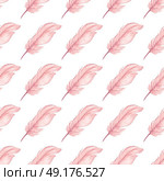 Hand drawn watercolor seamless pattern with pink feathers on a white background. Стоковое фото, агентство Ingram Publishing / Фотобанк Лори
