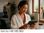 Женщина с планшетом в халате дома: работа, отдых и разделение домашних обязанностей. Стоковое AI-изображение, AI-художник Оксана Хорватич / Фотобанк Лори